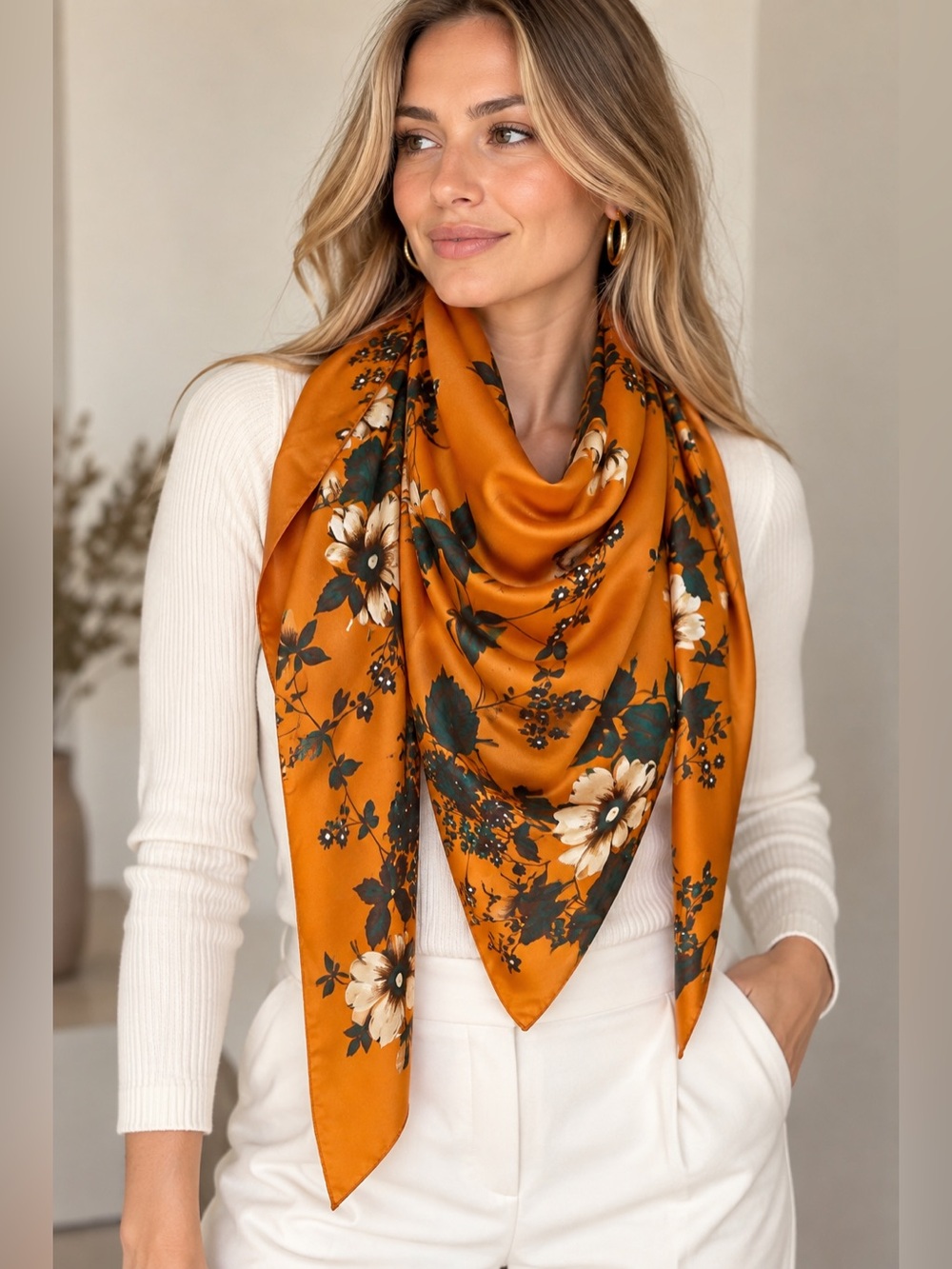 ZARA Satin Floral Print Scarf Amber Orange Teal Statement Wrap
